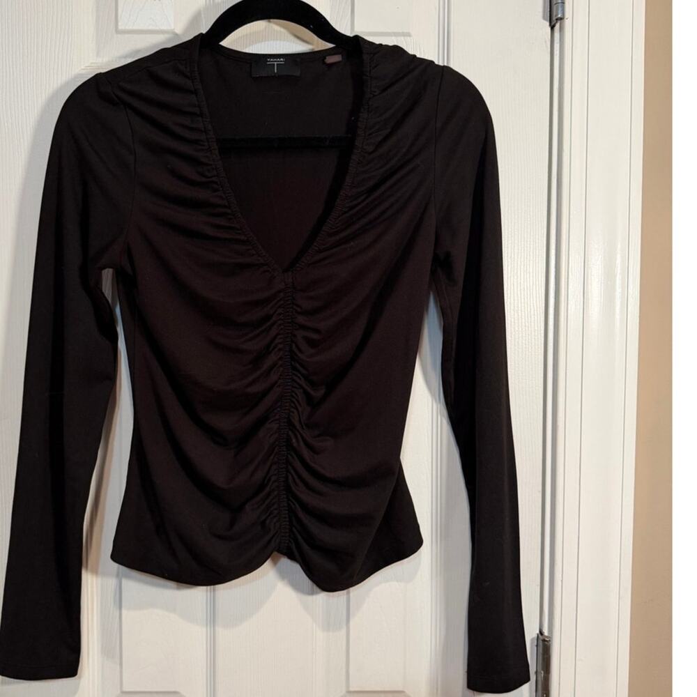 T Tahari Black Ruched Front V-neck long sleeve Y2K top S
